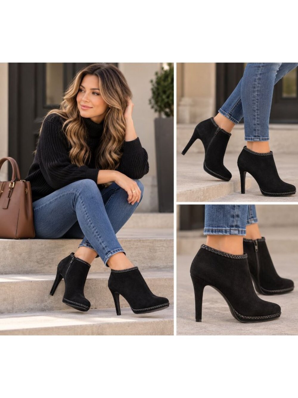 Antonio Melani Black Braided Trim Suede Leather Heeled Booties Womens Size 7